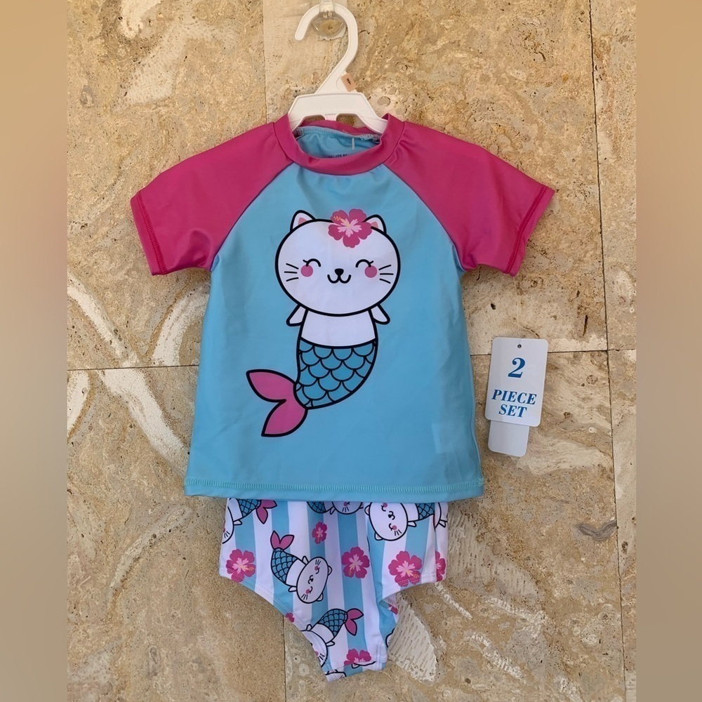 Caribbean Joe Girl’s Swimsuit With Short Sleeve Rash Guard Set 2-T